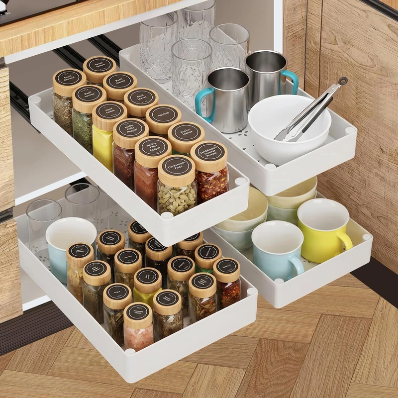 Cozary Pull Out Kitchen Drawer Organizer 4 Sizes - 13/18/23/27 x 40 cm Pull Out Cabinet Storage Box with Silent Runners and Safety Latch for Kitchen/Bathroom/Pantry, White