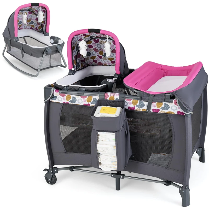 GYMAX Baby Travel Cot, 5-in-1 Portable Infant Crib with Rocking Bassinet & Diaper Changing Table, Mattress, Hanging Toys, Music Box & Travel Bag, Folding Baby Bassinet Bed (Rose+Grey)