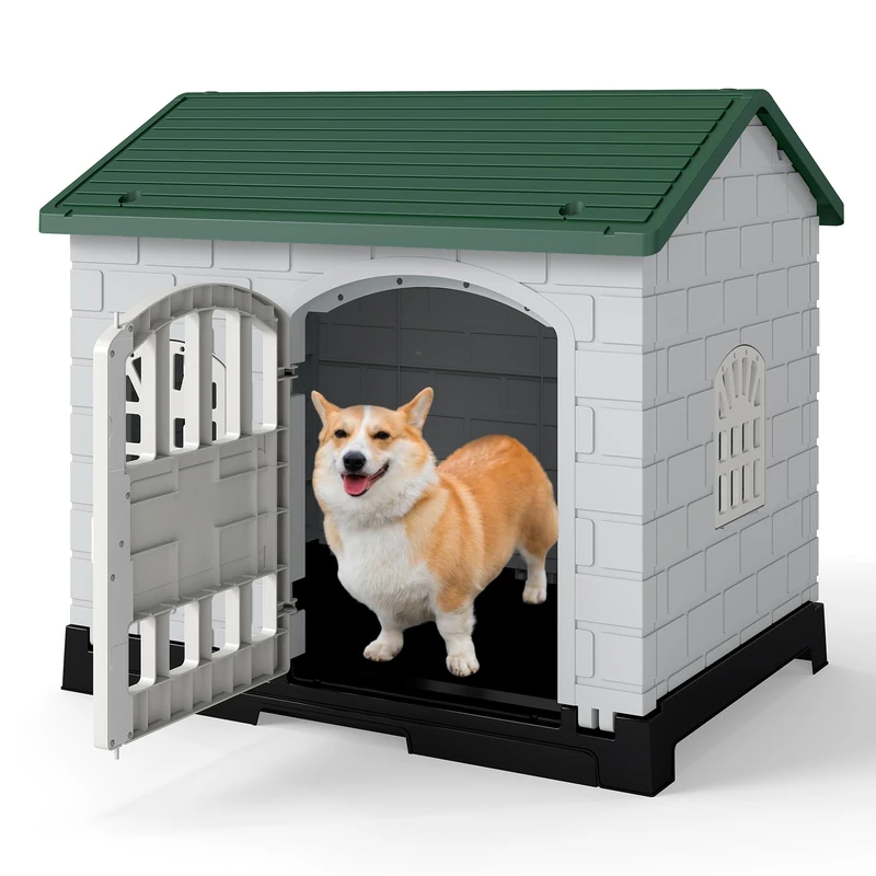 GYMAX Plastic Dog House, Indoor Outdoor Dog Kennel with Removable Toilet Tray, Lockable Door, Slanted Roof & 3 Windows, Weather-Resistant Puppy Shelter for Small Medium Cats Rabbits (Green+Grey)