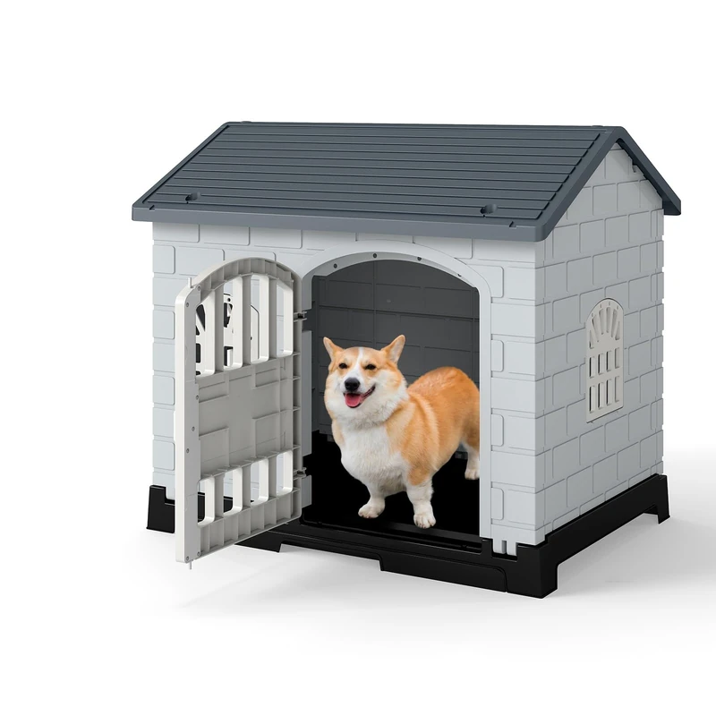 GYMAX Plastic Dog House, Indoor Outdoor Dog Kennel with Removable Toilet Tray, Lockable Door, Slanted Roof & 3 Windows, Weather-Resistant Puppy Shelter for Small Medium Cats Rabbits (Grey)