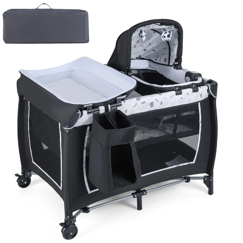 GYMAX Baby Travel Cot, 5-in-1 Portable Infant Crib with Rocking Bassinet & Diaper Changing Table, Mattress, Hanging Toys, Music Box & Travel Bag, Folding Baby Bassinet Bed (Beige+Black)
