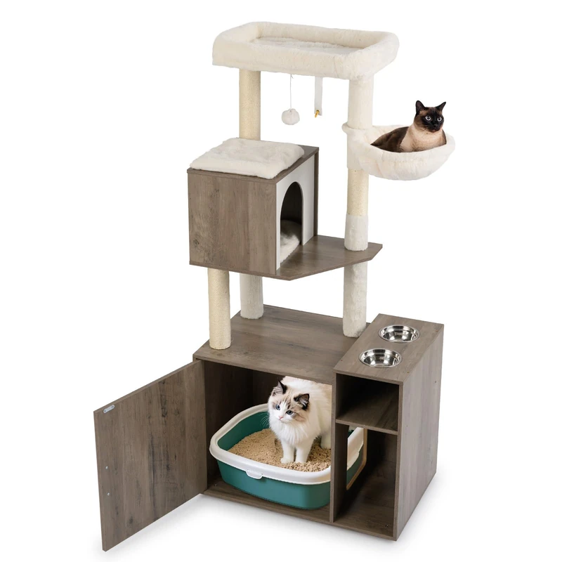 GYMAX Multi-level Cat Tree with Litter Box Enclosure, Wooden Cat Tower with Sisal Scratching Posts & Mat, 2 Feeding Bowls and Dangling Ball, Kitty Activity Center for Indoor Cats (Oak Grey)