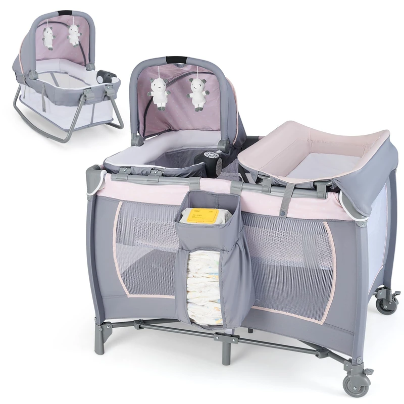 GYMAX Baby Travel Cot, 5-in-1 Portable Infant Crib with Rocking Bassinet & Diaper Changing Table, Mattress, Hanging Toys, Music Box & Travel Bag, Folding Baby Bassinet Bed (Pink+Light Grey)