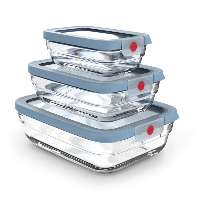 EMSA ONECLICK Glass Food Storage Container, OneClick System, Ovenproof up to 420°C, 100% Leeak-Proof, German Lid Technology, Blue, Set 3PCS 0.45/1.00/2.00L., N1240950