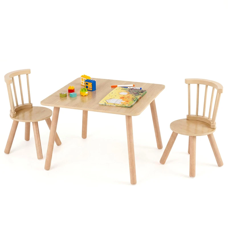 GYMAX Kids Table and Chairs Set, Wooden Children Desk with 2 Chairs and Solid Wood Legs, 3 Pcs Toddler Activity Table Set for Boys Girls (Natural)