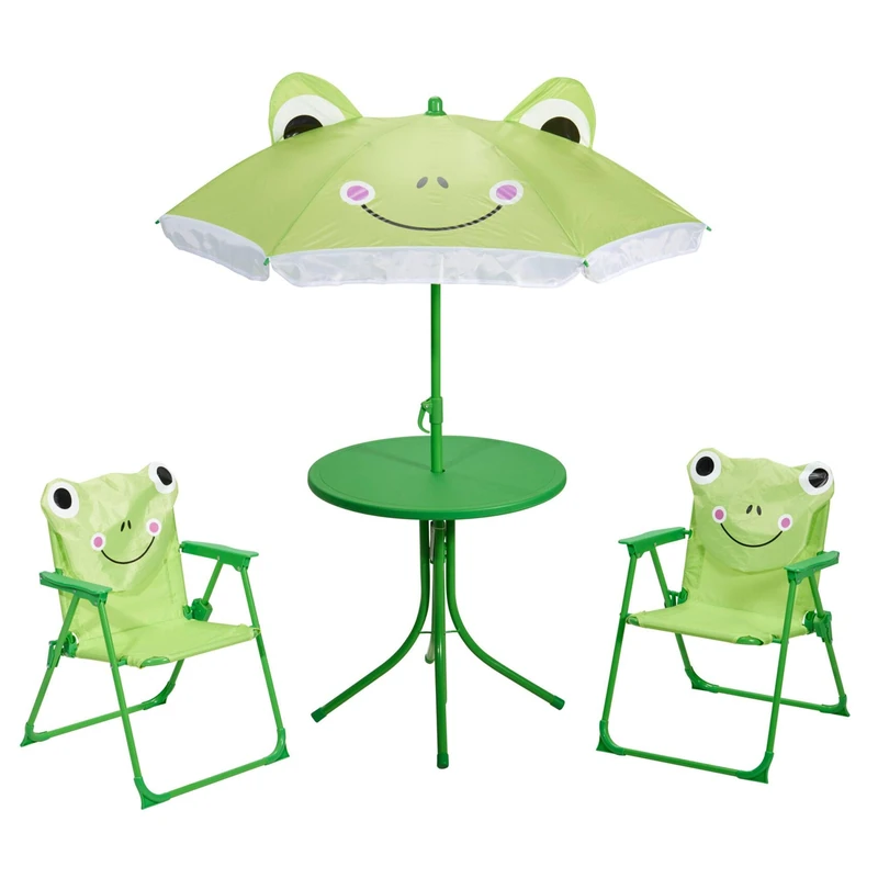 Well Home Children's Garden Set 4 Pieces (Table + 2 Chairs + Umbrella) Frog Design, Foldable and Lightweight - Image 1