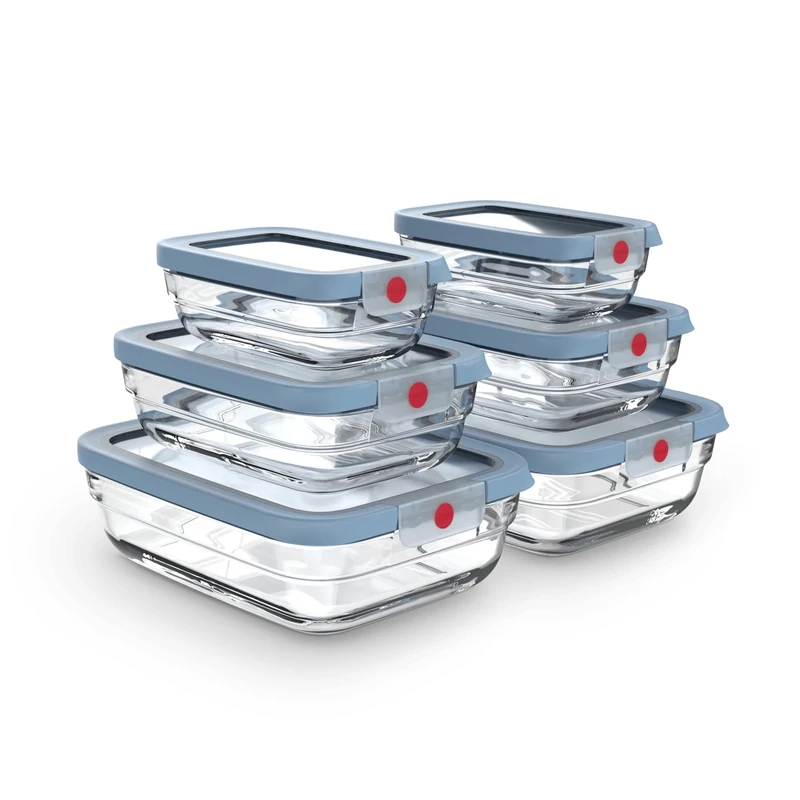 EMSA ONECLICK Glass Food Storage Container, Ovenproof up to 420°C, 100% Leeak-Proof, German Lid Technology, Blue, Set 6PCS 2x0.45/2x1.00/2x2.00L, N1241050