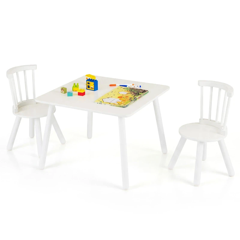 GYMAX Kids Table and Chairs Set, Wooden Children Desk with 2 Chairs and Solid Wood Legs, 3 Pcs Toddler Activity Table Set for Boys Girls (White)