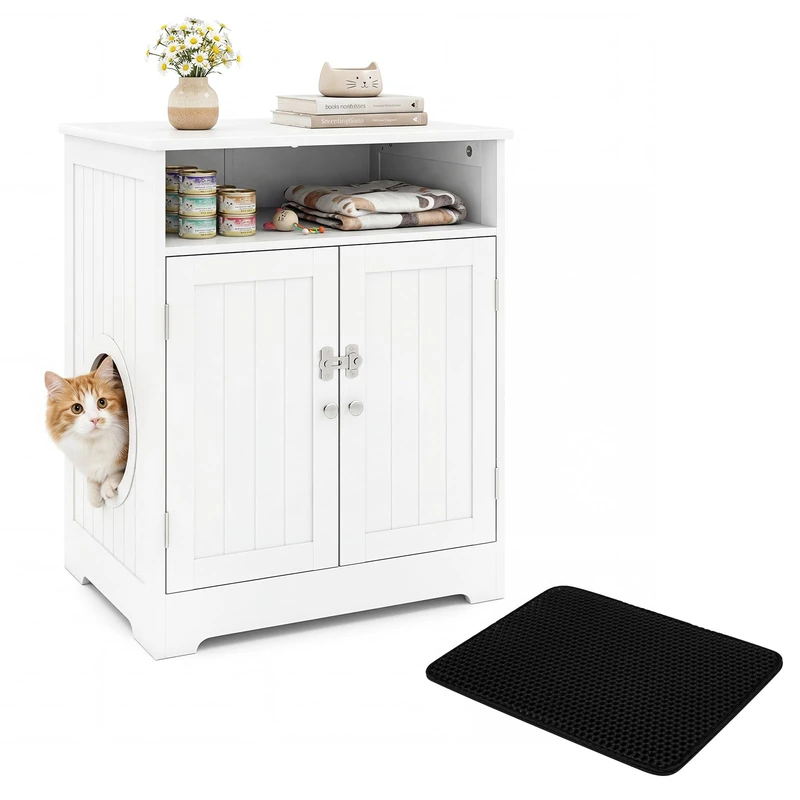 GYMAX Hidden Cat Litter Box Enclosure, Wooden Cat House with Easy Cleaning Litter Mat, Storage Compartment and Lockable Door, Indoor Pet House Crate for Kitten
