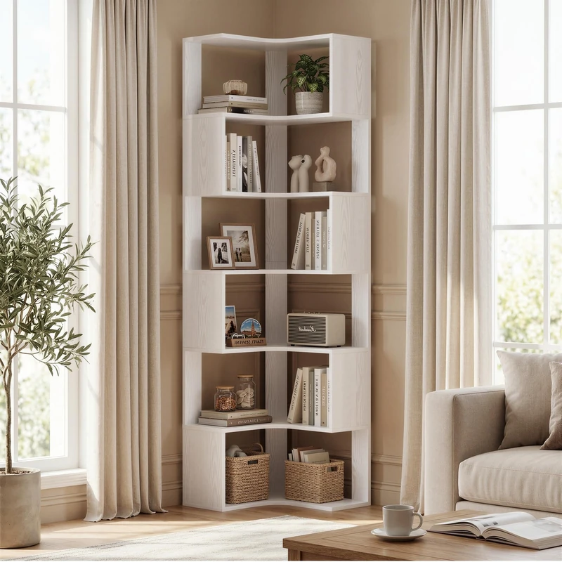 IRONCK Corner Bookshelf 6-Tier, 204cm Tall L-Shaped Bookcase with Anti-Drop Panel, Corner Shelf Storage Display Rack, Shelving Units for Living Room Bedroom Office, White