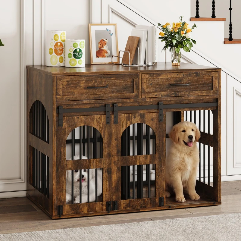 IRONCK Dog Crate Furniture, Heavy Duty Dogs Cage with 2 Drawers Removable Divider & Barn Door, Wooden Indoor Dog Kennel Side Table for 2 Small/Medium Dogs or 1 Large Dog, 106x68x88cm, Retro Brown