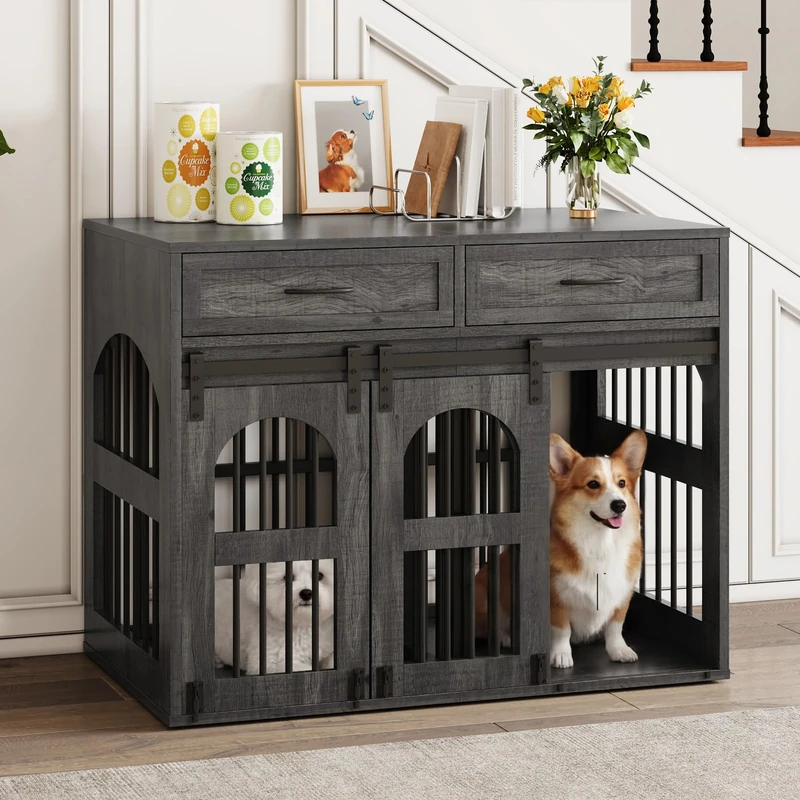 IRONCK Dog Crate Furniture, Heavy Duty Dogs Cage with 2 Drawers Removable Divider & Barn Door, Wooden Indoor Dog Kennel Side Table for 2 Small/Medium Dogs or 1 Large Dog, TV Stand, 106x68x88cm, Grey - Image 1