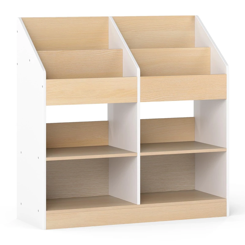 GYMAX Kids Bookcase with 4 Open Cubes (80x29x80cm,White + Natural)