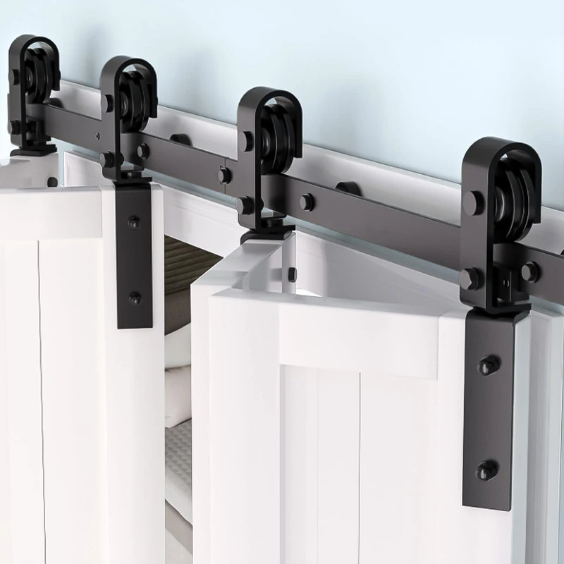 52 Inch Folding Sliding Door Fitting Set, Heavy Duty Sliding Door System for 2 Door Leaves up to 48 cm Each, Track Rail up to 150 kg, Quiet Wheels, Without Door, Black