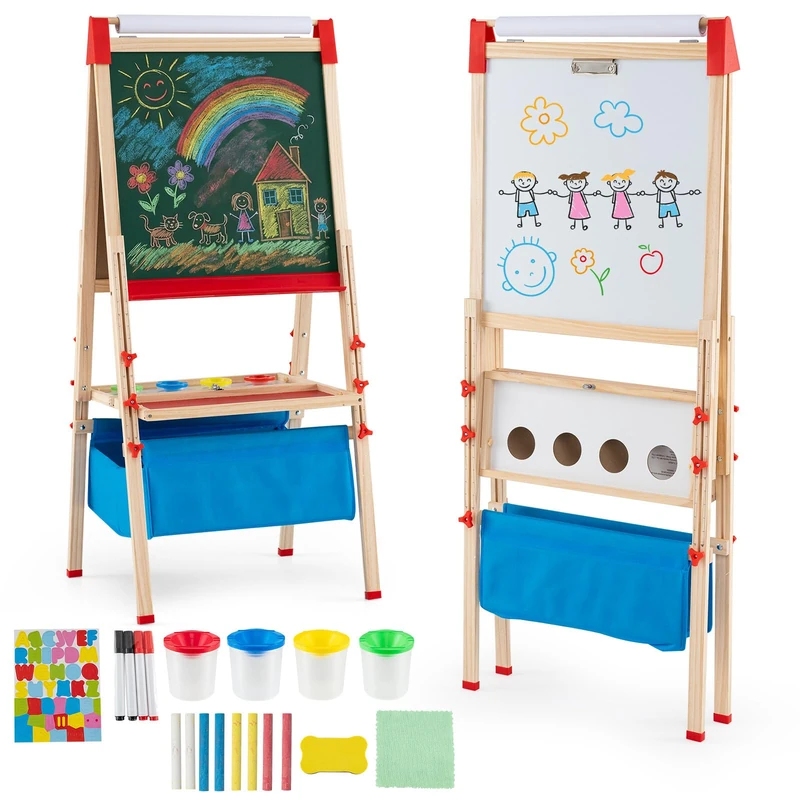 GYMAX Wooden Kids Easel, 3 in 1 Height Adjustable Art Easel with Whiteboard & Chalkboard, Paper Roll, Storage Bag and Accessories, Double Sided Drawing Easels for Toddlers (Blue, 56x53x120-145cm)