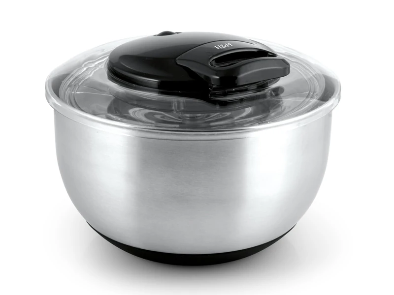 H&H Salad spinner made of stainless steel and ABS – bowl with lid and crank mechanism - Image 1
