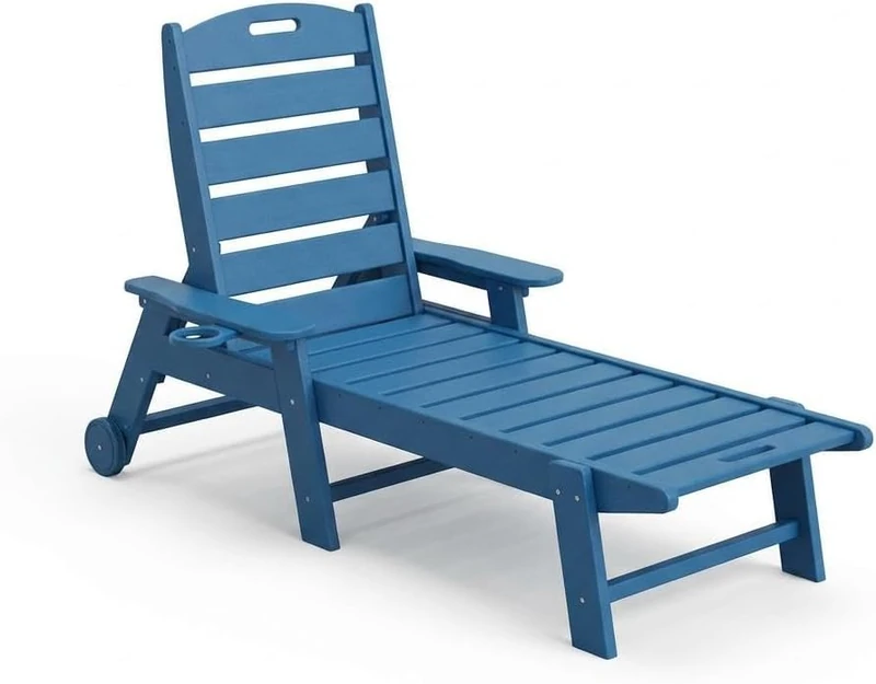 GarveeHome Weatherproof Garden Lounger Made of HDPE, Sun Lounger with Adjustable Backrest and Drink Holder, Long Pool Lounger, for Pool, Beach and Garden, 150 x 60 x 98 cm (Pack of 1)