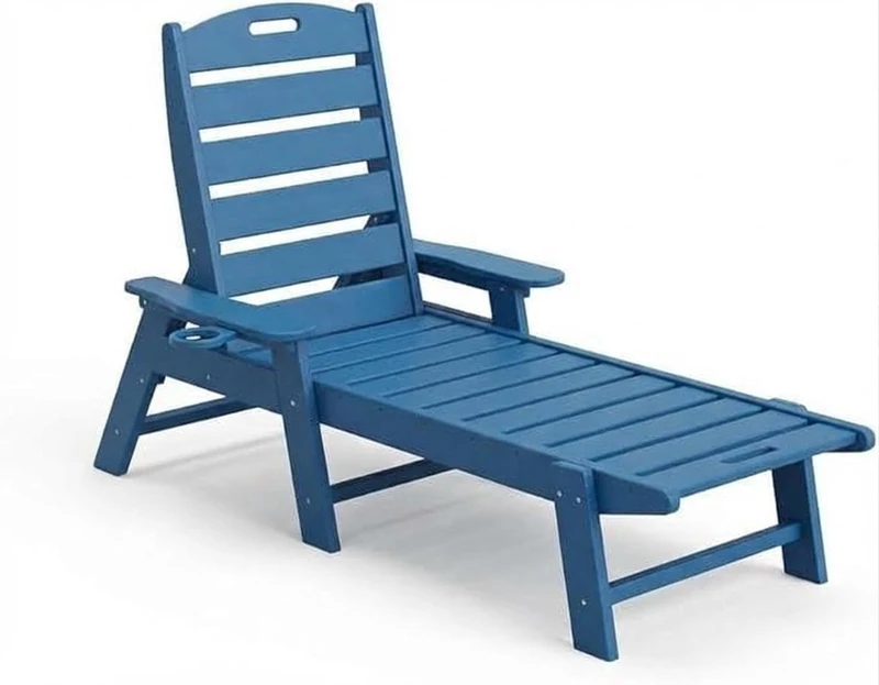 GarveeHome Weatherproof Garden Lounger Made of HDPE, Sun Lounger with Adjustable Backrest and Drink Holder, Long Pool Lounger, for Pool, Beach and Garden, 150 x 60 x 98 cm (Pack of 1)