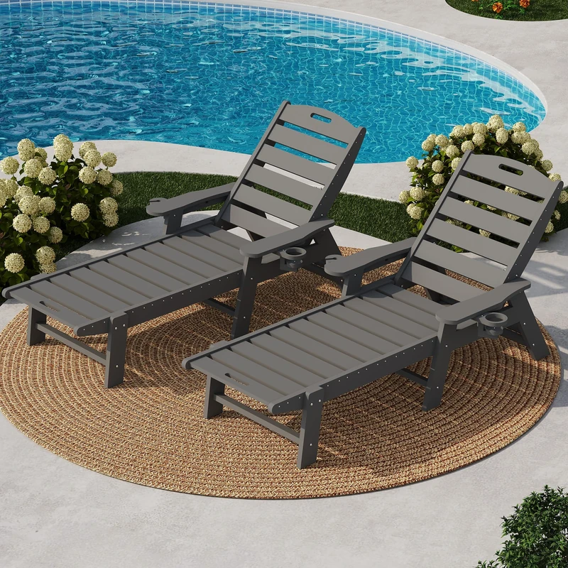 GarveeHome Weatherproof Garden Lounger Made of HDPE, Sun Lounger with Adjustable Backrest and Drink Holder, Long Pool Lounger, for Pool, Beach and Garden, 150 x 60 x 98 cm (Pack of 1)