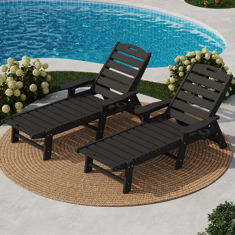 GarveeHome Weatherproof Garden Lounger Made of HDPE, Sun Lounger with Adjustable Backrest and Drink Holder, Long Pool Lounger, for Pool, Beach and Garden, 150 x 60 x 98 cm (Pack of 1) - Image 1