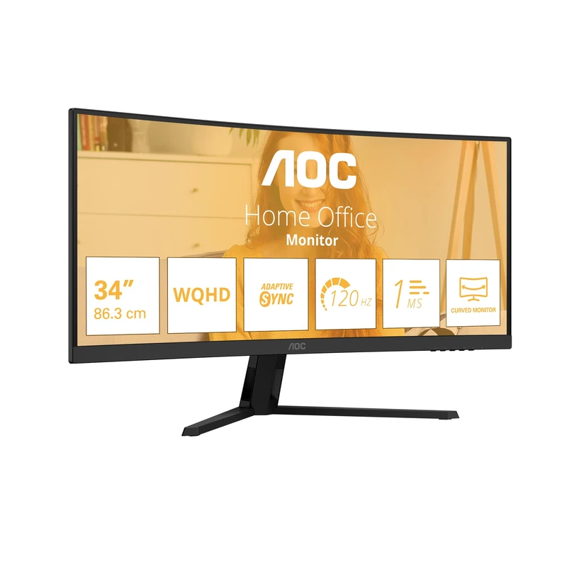 AOC CU34B3E 34 inch UW-QHD Monitor Curved, 120Hz, VA Panel, 4ms GtG, Adaptive Sync, HDR Ready, (3440x1440 HDMI 1x 2.0 DP 1x 1.4) Black