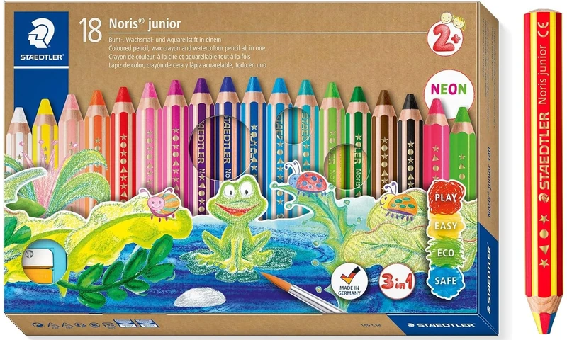 STAEDTLER Noris Junior Set 3-in-1 Colourful, Wax and Watercolour Pencil, Ideal for Toddlers, 18 Colours, Sharpener and Rainbow Pencil