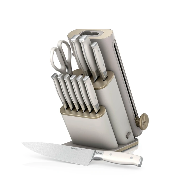 Ninja StaySharp 13-Piece Knife Block Set with Removable Knife Sharpener, Rust-Resistant German Stainless Steel, Includes Kitchen and Herb Scissors, Stone Gold NK32013EUUKSD1