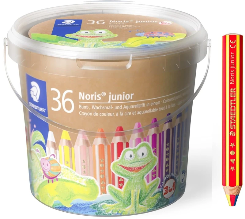 STAEDTLER Noris Junior Set 3-in-1 Colourful, Wax and Watercolour Pencil, Ideal for Toddlers, 36 Colours, Sharpener and Rainbow Pencil