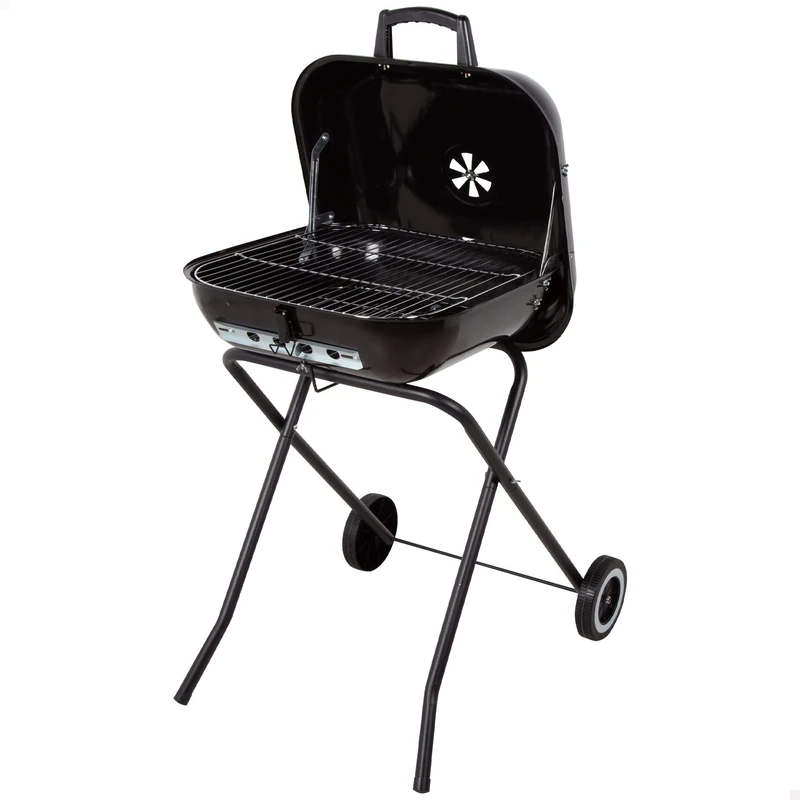 AKTIVE Portable Barbecue with Wheels, Black, Measures 49 x 74 x 79 cm, Heavy Duty Steel, Folding Legs, Vented Lid, Removable Mini Charcoal Grill (63178)