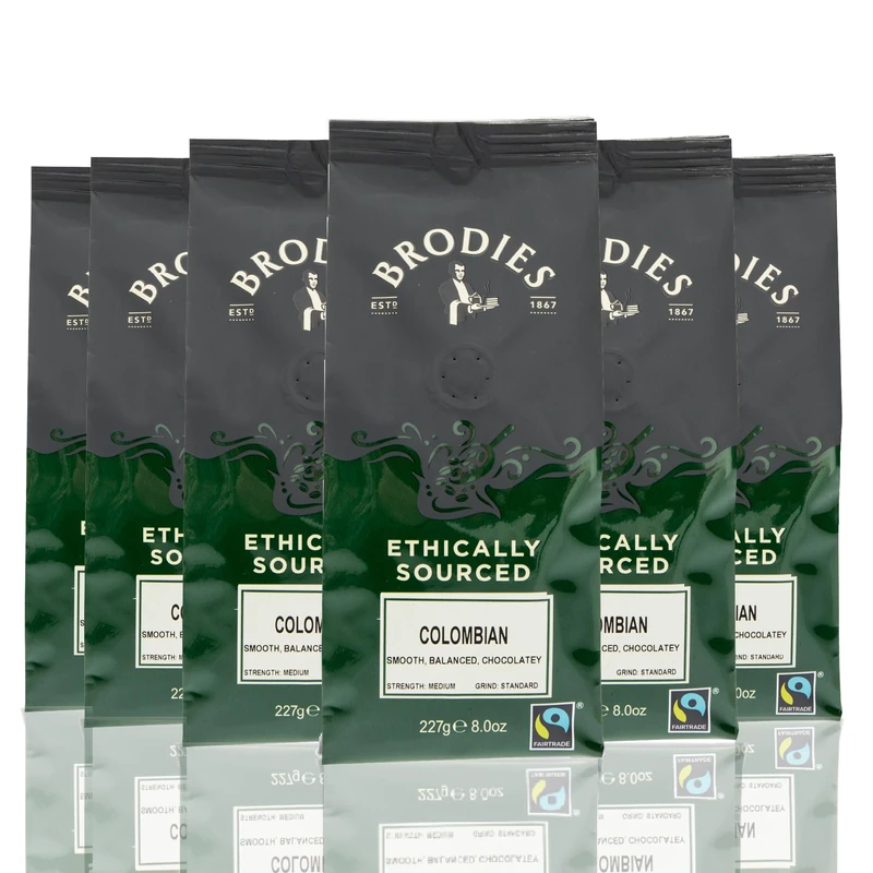 Brodies Ethically Sourced Artisan Ground Coffee - Colombian Fairtrade 100% Arabica smooth, balanced, chocolatey, medium strength, standard grind, hand roasted (6 Pack of 227 g)