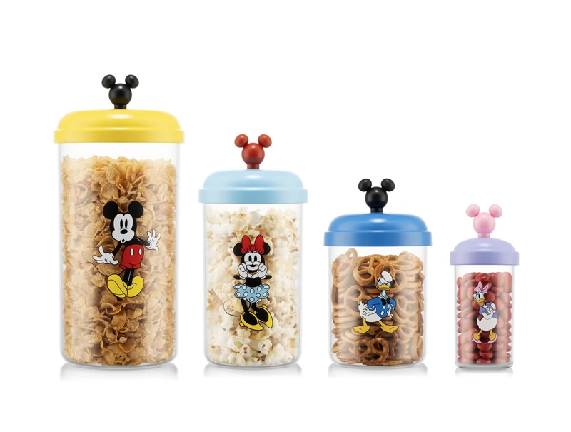 Bodum Disney Mickey Mouse Storage Jar Set, 4 Reusable Food Containers with Stainless-Steel Lids, 0.25L, 0.6L, 1L and 2L, Multicolour, K12613-833-DSN-10