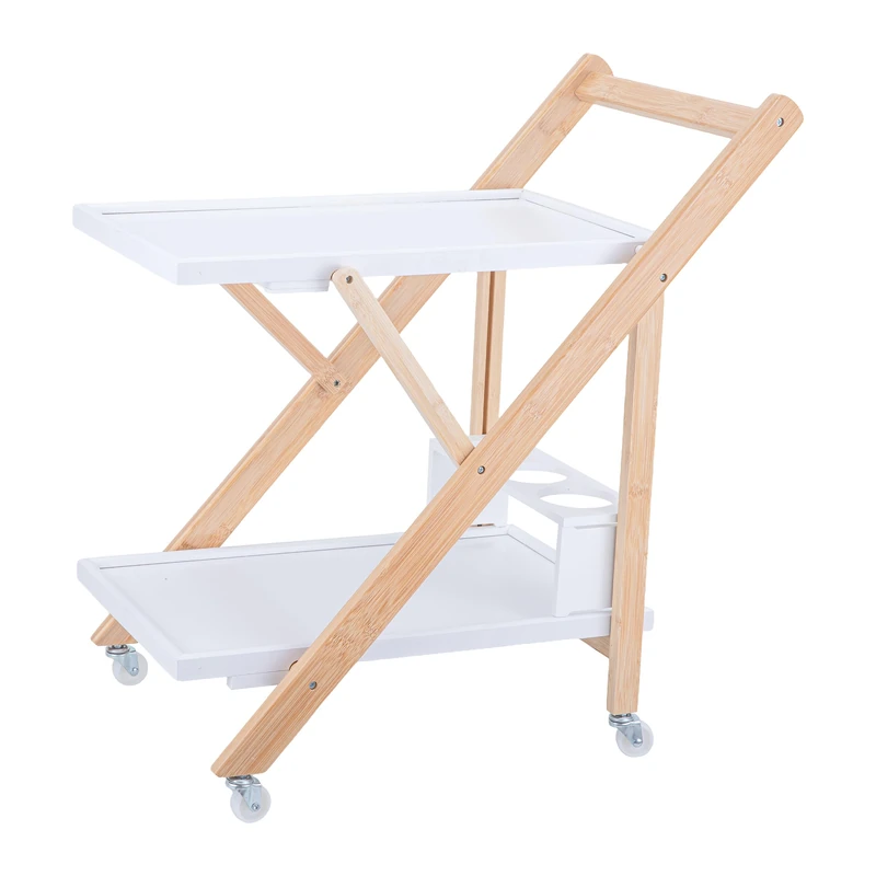 Relaxdays serving trolley, bamboo, folding kitchen trolley, bottle holder, 2 shelves, HxWxD 70x44x39.5 cm, white-natural