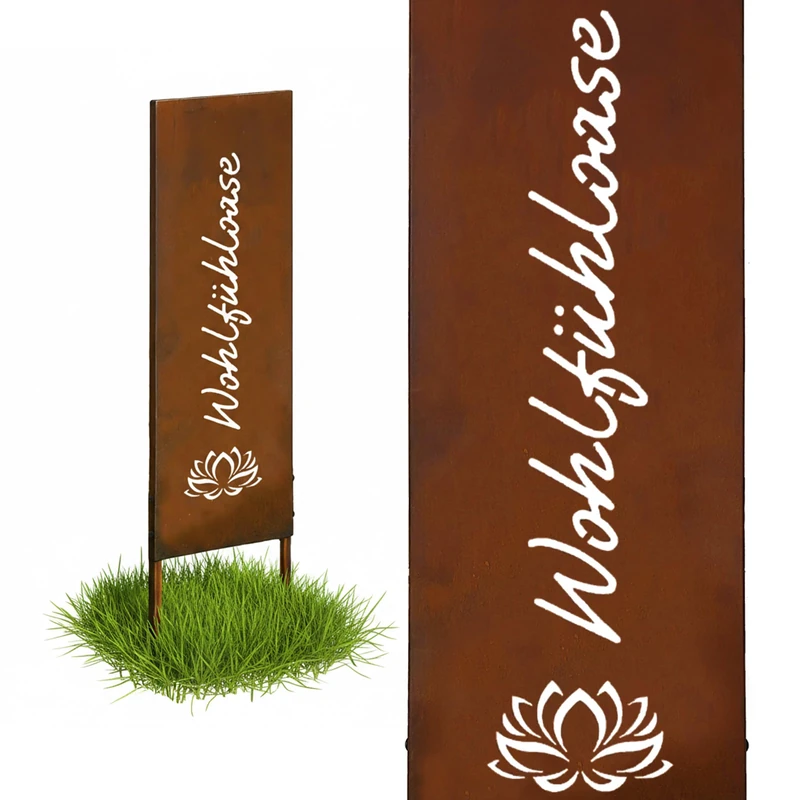 Relaxdays Rustic Garden Stake, Weatherproof Iron Decoration "Wohlfühloase," 85x28 cm, Brown