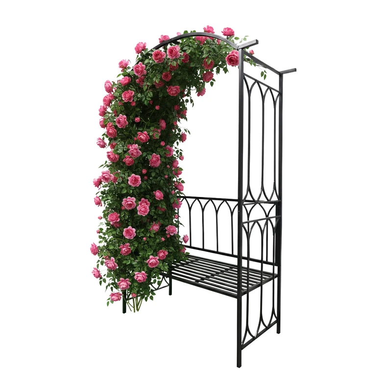 Relaxdays rose arch with bench, garden arch, H x W x D: 210 x 134 x 48 cm, climbing arch for plants, metal, black