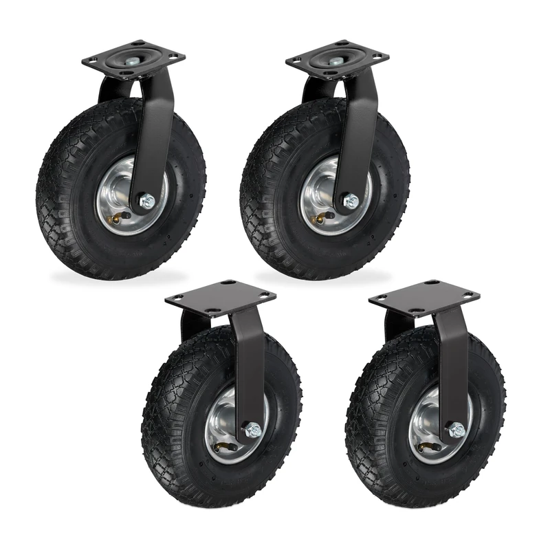 Relaxdays Heavy-Duty Pneumatic Wheels 3.00-4, 120 kg, Fixed & Swivel Castors, Black/Silver, 27x26x13.5 cm