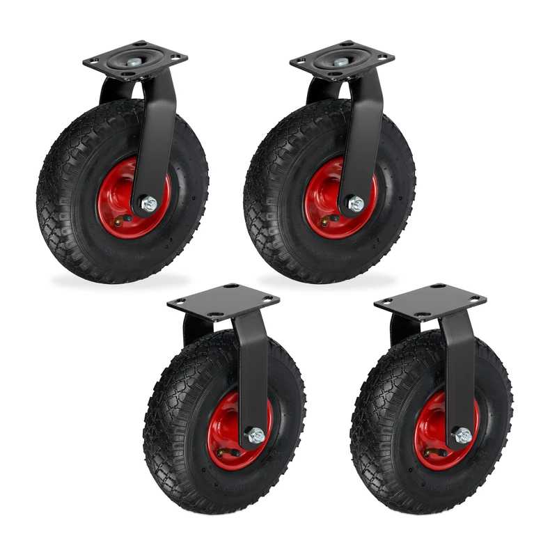 Relaxdays Heavy-Duty Pneumatic Casters, 120kg Load, Fixed & Swivel, 3.00-4 Wheels, Black/Red, 27x26x13.5cm
