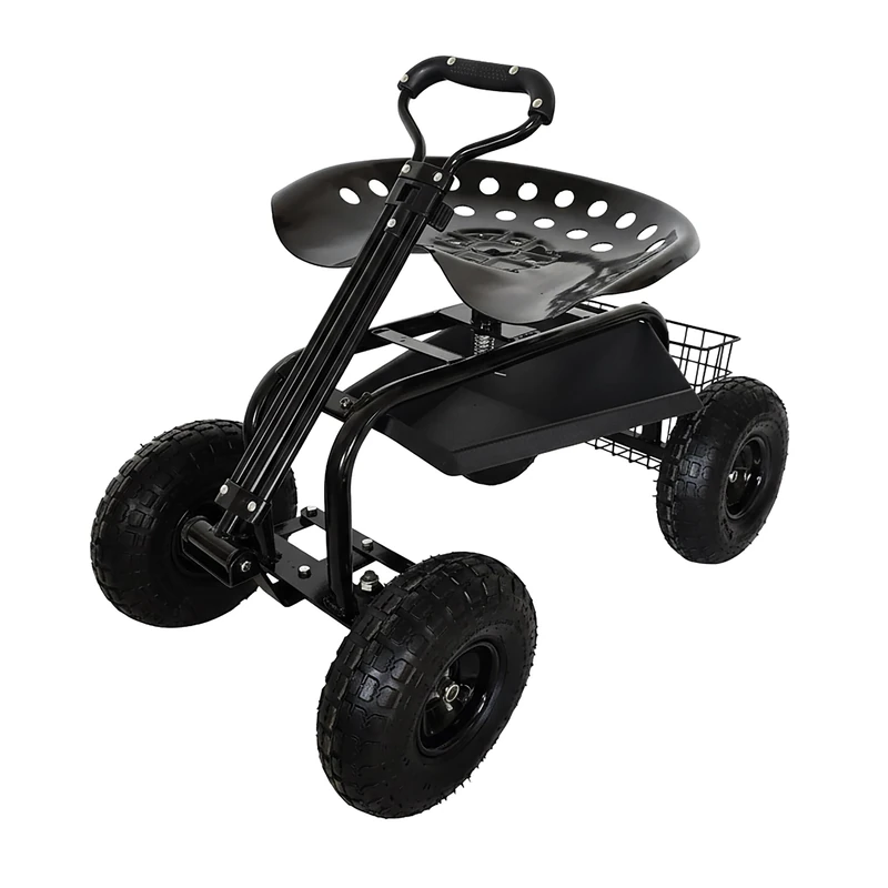 Relaxdays mobile garden seat, height-adjustable, 150 kg, storage, handlebar, steel, pneumatic tyres, black