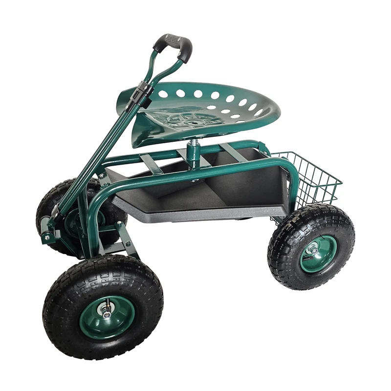 Relaxdays garden seat, height-adjustable, max. 150 kg, storage, push-handle, steel frame, pneumatic tyres, green