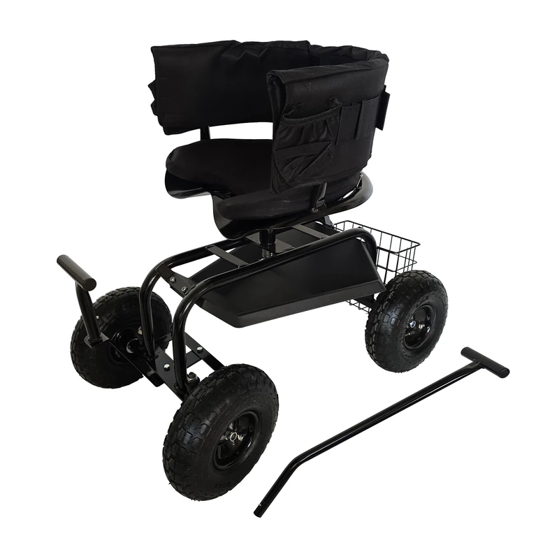 Relaxdays rolling garden seat, height-adjustable, max. 150 kg, storage, handles, seat cushion, backrest, black