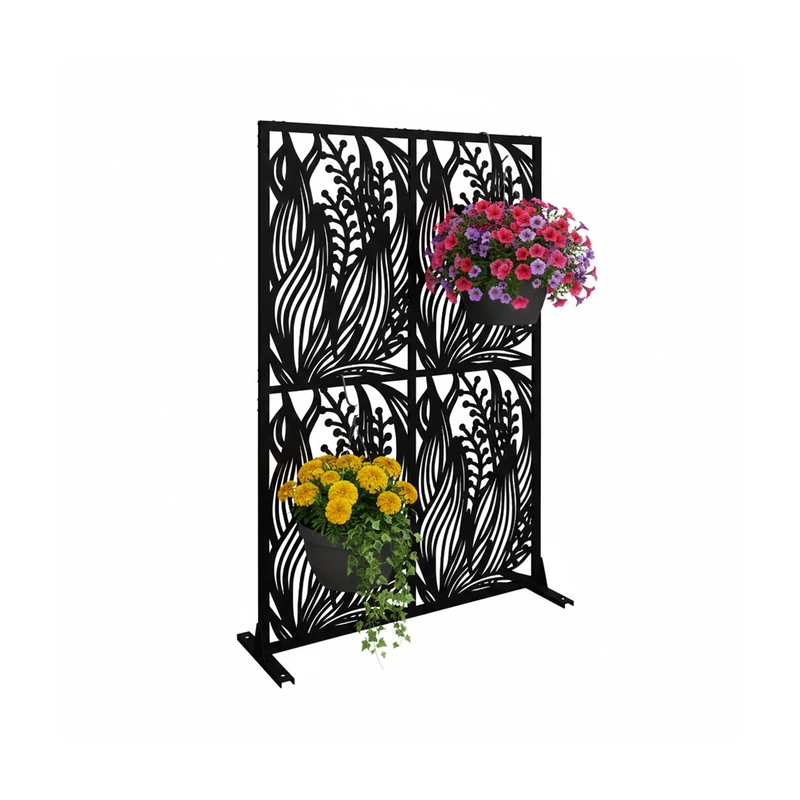 Relaxdays privacy screen, leaves & grasses, garden, balcony & terrace, HxW: 183 x 115 cm, metal, black