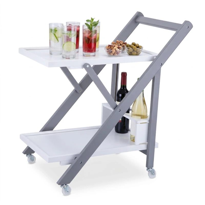 Relaxdays bamboo kitchen trolley, bottle holder, 2 shelves, HWD: 70x44x39.5 cm, white-grey