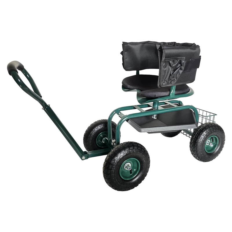 Relaxdays mobile garden seat, height adjustable, 150 kg, storage, handlebar, cushion, backrest, garden trolley, green