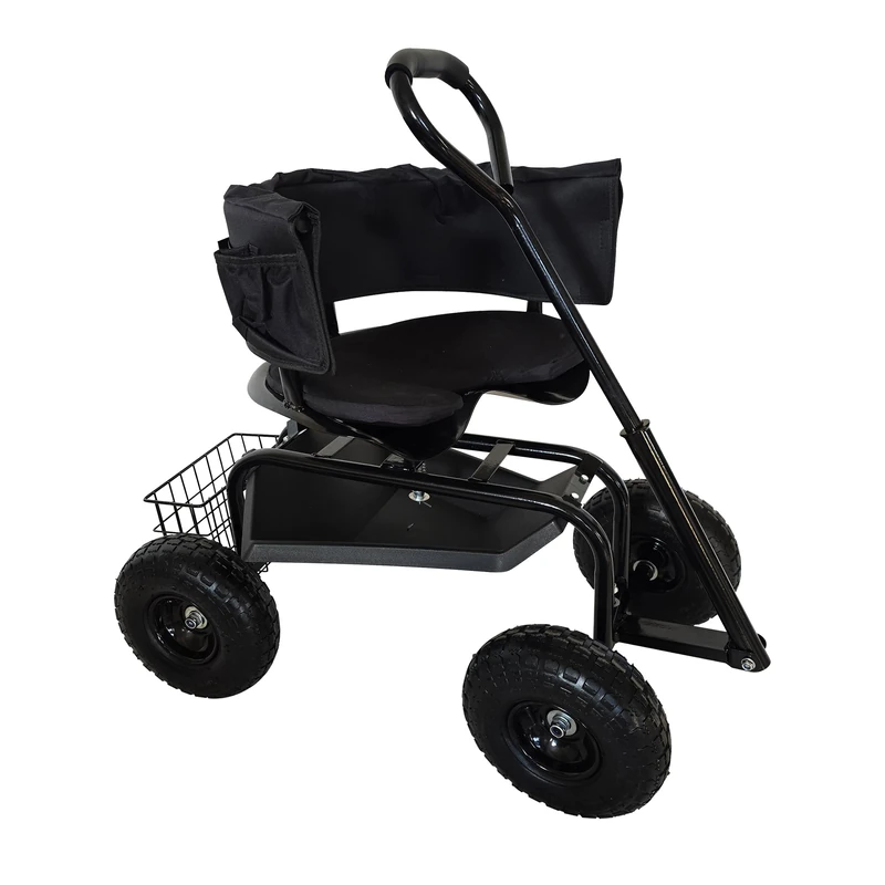 Relaxdays mobile garden seat, height-adjustable, 150 kg, storage, handlebar, cushion, backrest, garden trolley, black