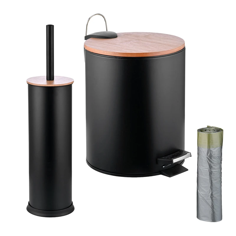 Relaxdays Bathroom Set with Cosmetic Bin & Toilet Brush, 5 L, Metal & Bamboo, 26x20.5x25 cm