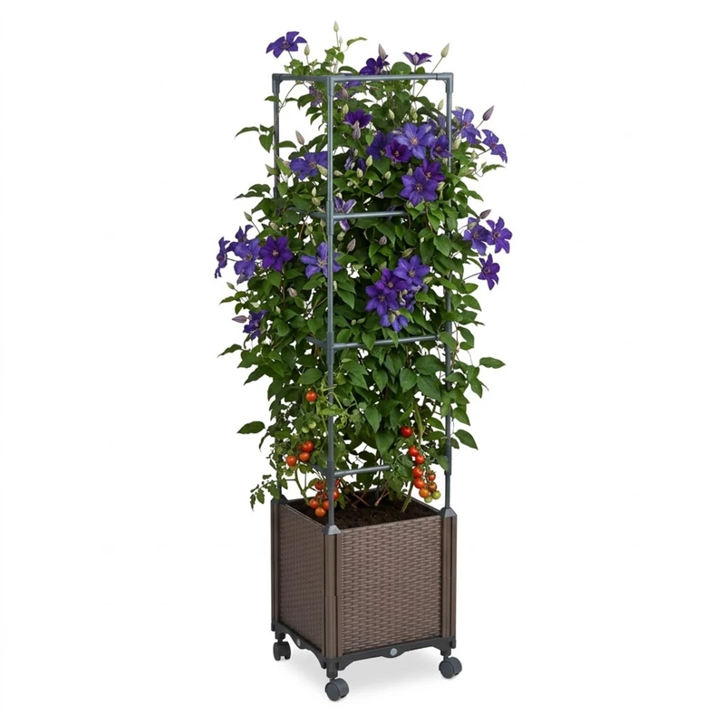 Relaxdays Plastic and Steel Garden Planter with Trellis, Castors, 135x30x30 cm, Anthracite - Image 1