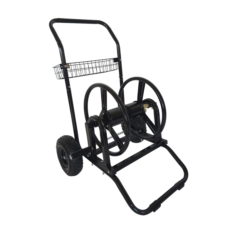 Relaxdays Hose Trolley with 60m Reel, Click Connector, 2 Air Tyres, Steel Frame, Removable Hose, Black, 94x66x60cm
