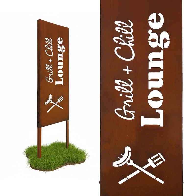 Relaxdays Rust-Patina Garden Stake, Weatherproof Iron Decoration, Grill & Chill, 115 x 28 x 1.5 cm, Brown