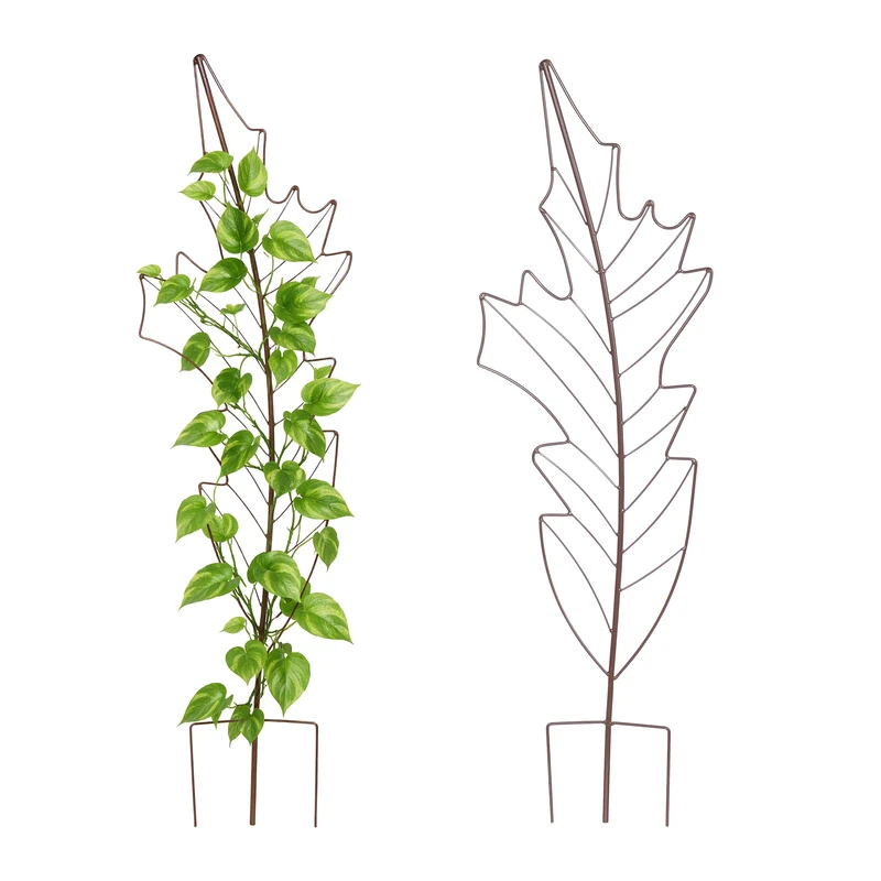 Relaxdays Metal Plant Support Trellis, 2-pack, 100 x 30 cm, Leaf Design, Garden & Container, Brown