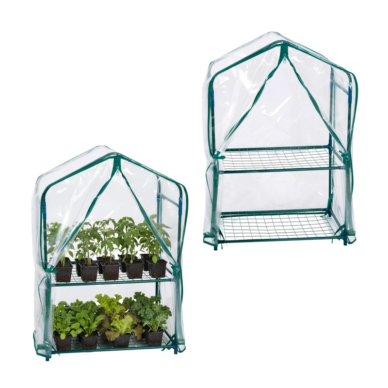 Relaxdays Balcony Greenhouse, 2-pack, PVC cover, steel, 95x59x39 cm, 2-tier tomato greenhouse, green/clear