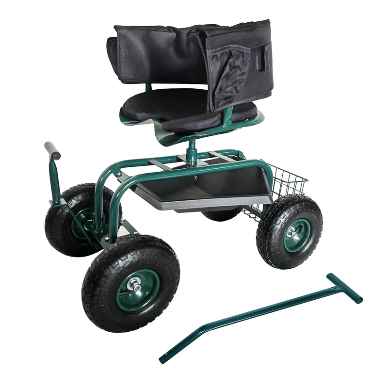 Relaxdays rolling garden seat, adjustable height, 150kg, storage, steering handles, cushion & backrest, green